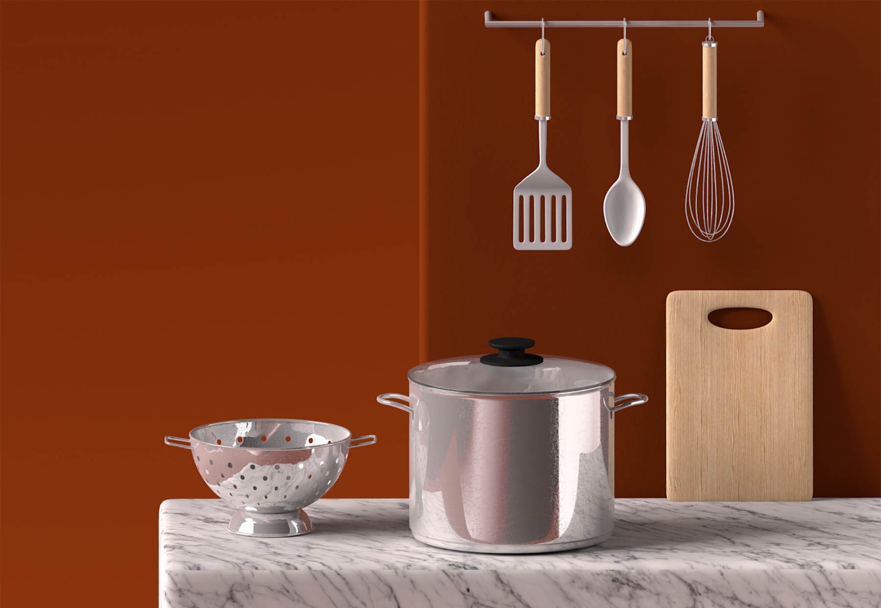Kitchenware on a marble countertop