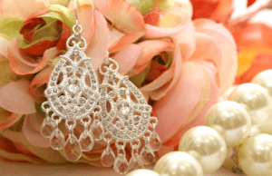 Silver filigree chandelier earrings with crystal drops