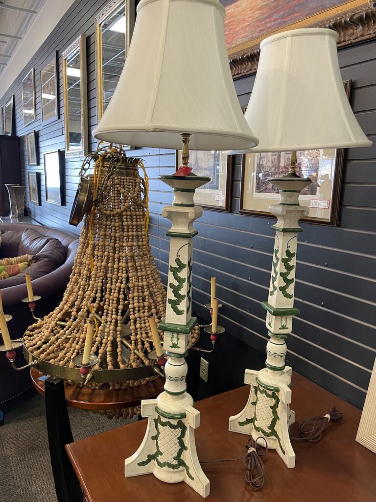 Pair white and green candlestick lamps