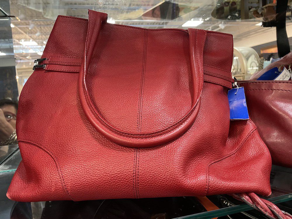 Red leather tote bag
