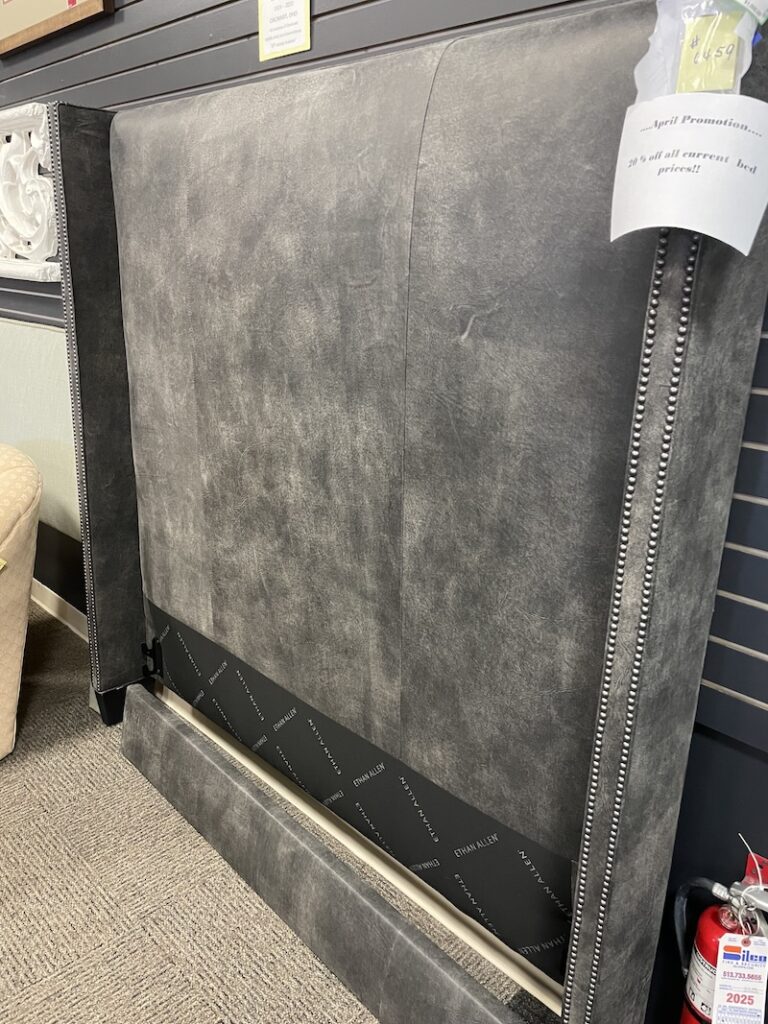Ethan Allen gray upholstered headboard with nailhead trim