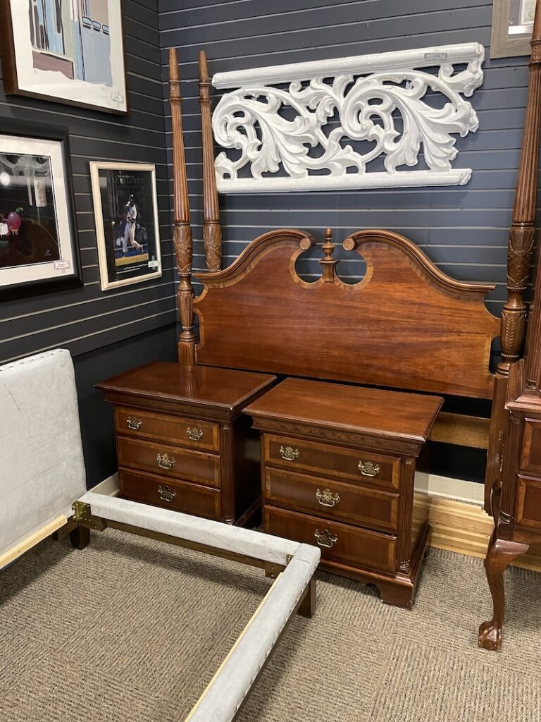 Cherry four-poster bed headboard with matching nightstands